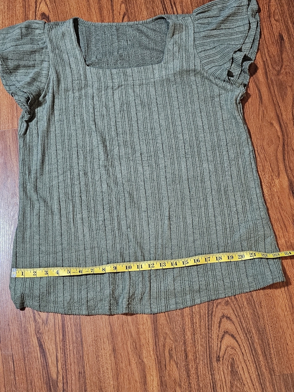 Square Neck Olive Green Flutter Sleeve Top - Picture 4 of 9
